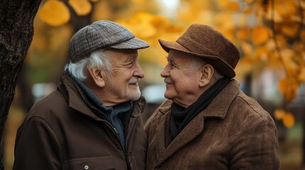 Fototapeta premium Autumn park, two smiling senior men, close-up, friendship, fall foliage background, retirement concept