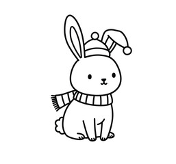 Fototapeta premium Christmas bunny drawing. It is a black and white outline image of a Christmas bunny, a cute rabbit adorned with a Santa hat and scarf, ready for the holiday. Vector sketch line art draw.