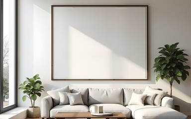 Frame mockup, ISO A paper size. Living room wall poster mockup. Interior mockup with house background. Modern interior design. 3D render. High quality