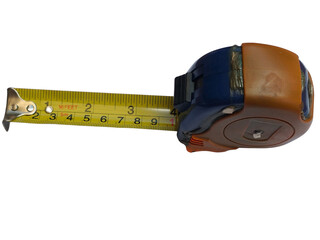 A retractable measuring tape extended to about 4 inches, featuring a yellow tape with black and red markings and a blue and brown casing.