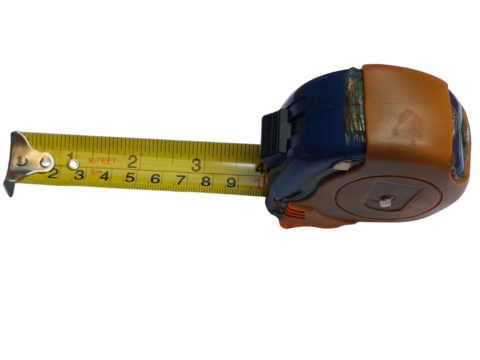 A retractable measuring tape extended to about 4 inches, featuring a yellow tape with black and red markings and a blue and brown casing.