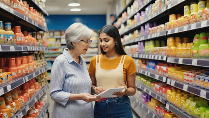 Women shopping online in a store, browsing on tablet