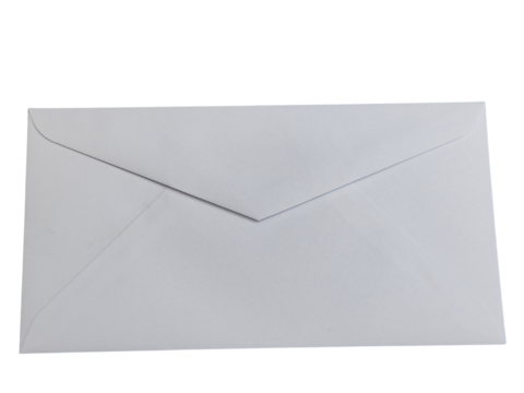 A plain white envelope sealed and lying flat, typical for mailing letters or documents.