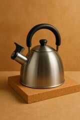 A stainless steel kettle is sitting on a square, wooden base