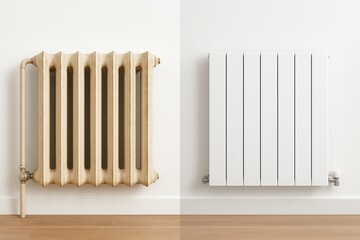 Before and after image showing a worn, vintage radiator upgraded to a clean, minimalist white panel heating system.