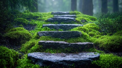 Moss-covered stone steps leading through a misty forest.