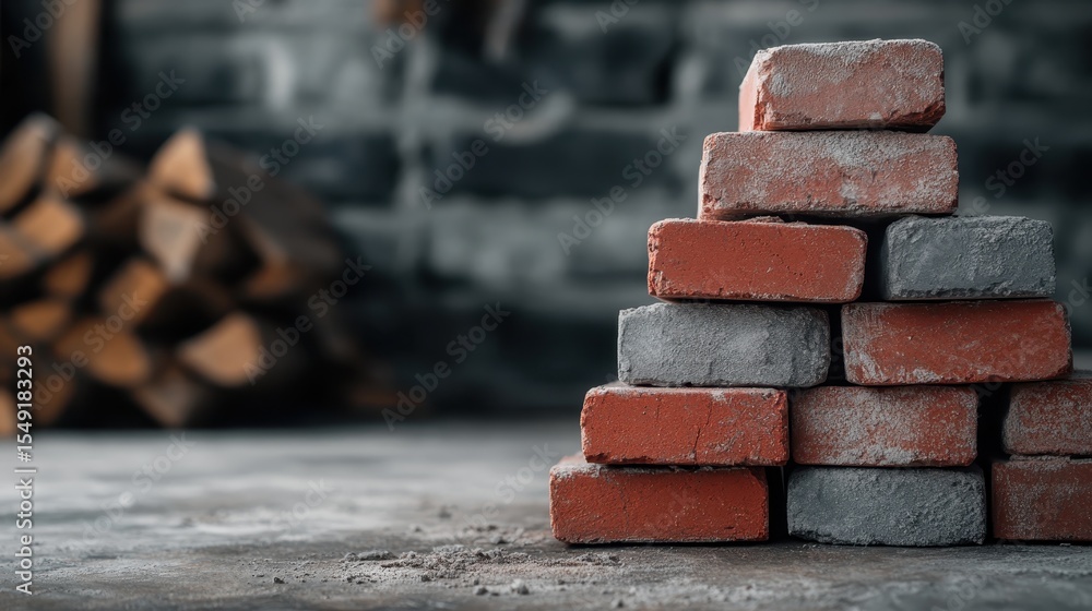 Poster a structure of red and gray bricks arranged in a pyramid shape against a textured surface, symbolizi