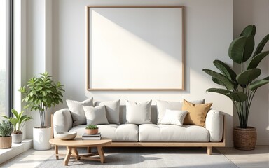 Frame mockup, ISO A paper size. Living room wall poster mockup. Interior mockup with house background. Modern interior design. 3D render. High quality