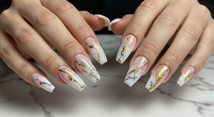 Luxury marble nail art with gold foil on long coffin nails. Elegant white and gold manicure on female hands over a marble table. Professional acrylic nail extensions from a modern beauty salon.