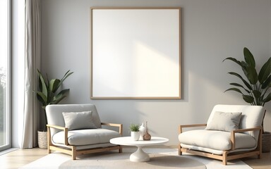 Frame mockup, ISO A paper size. Living room wall poster mockup. Interior mockup with house background. Modern interior design. 3D render. High quality