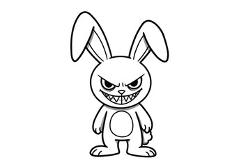 Evil bunny drawing. It is a black and white outline image of an evil bunny, a menacing rabbit with sharp teeth and an angry, sinister expression. Vector sketch line art draw.