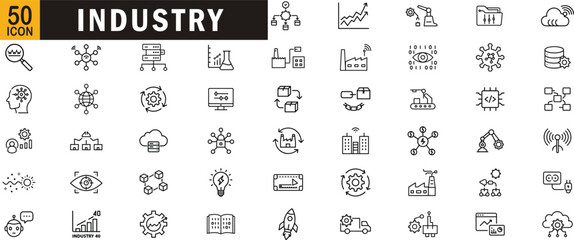 Industry editable outline icon set. Manufacturing, automation, data analysis, robotics, innovation, technology and more.
