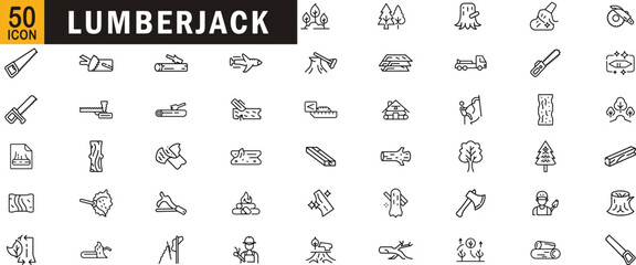Lumberjack editable outline icon set. Logging, woodcutting, forestry, tools, timber, firewood and more.

