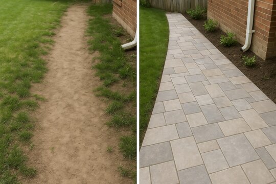 Before and after image showing a side yard transformation, replacing a worn dirt path with a clean, modern stone paver walkway.