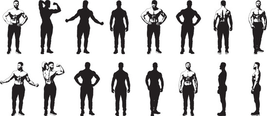 Bodybuilder Silhouettes, Fitness Vector Set on White Background