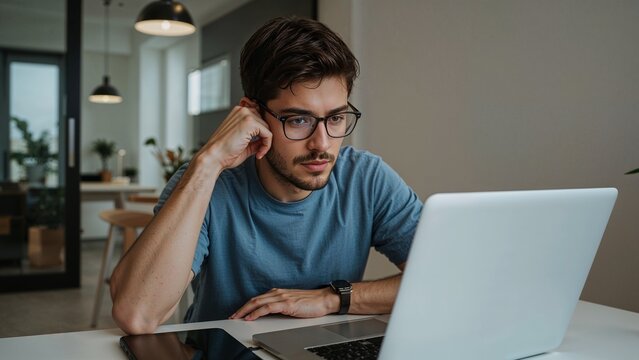 Young man concentrating while working on laptop at home - Powered by Adobe