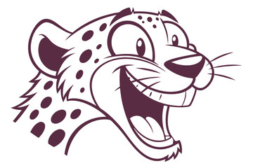 Cartoon jaguar face cheerfully laughs with open mouth, featuring its spotted fur pattern