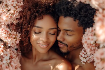 Dawn light and fog. Spring mood conceptual art: stunning black midlife woman and man inhaling the fragrance of cherry blossoms. Romantic couple in spring flowers. Couple inhaling spring aroma.