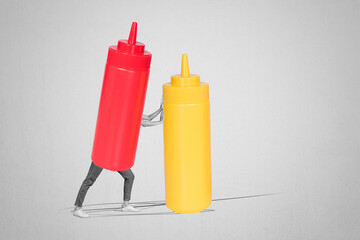 Banner creative pop art collage of anonym businesswoman instead body ketchup costume push mustard...