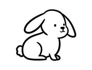 Honey bunny drawing. It is a black and white outline image of a honey bunny, a cute and charming cartoon rabbit with floppy ears, sitting. Vector sketch line art draw.