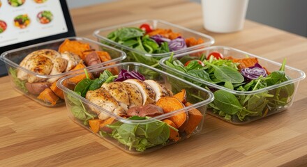 Healthy Meal Prep Containers with Chicken, Sweet Potato, Spinach, and Cherry Tomatoes on Wooden Table