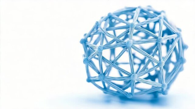 Environmental conservation, eco friendly and sustainable concept. A geometric wireframe sphere made of interconnected blue lines sits on a white background.