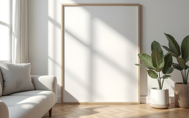 Frame mockup, ISO A paper size. Living room wall poster mockup. Interior mockup with house background. Modern interior design. 3D render. High quality