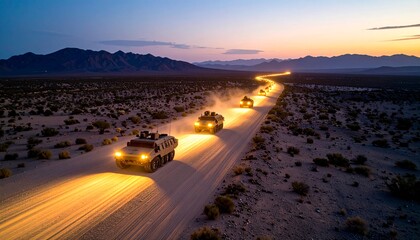 Convoy of military vehicles is traveling down a deserted road at night