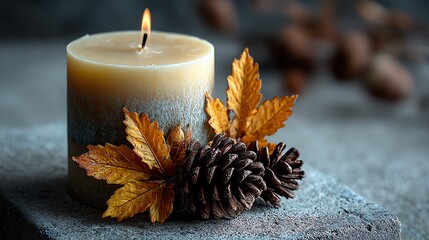 A cozy candle surrounded by autumn leaves and pinecones.