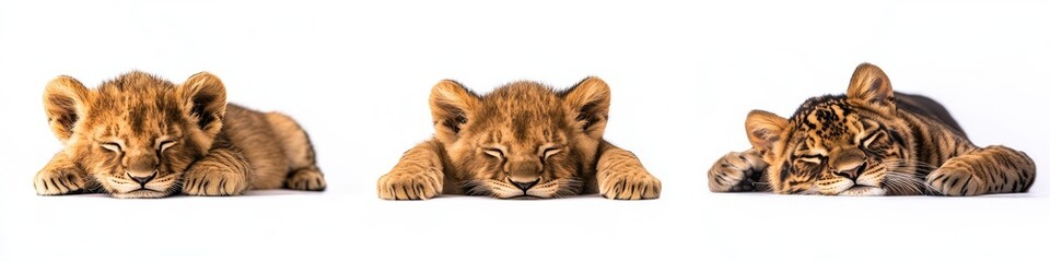 Obraz premium Three sleeping lion cubs, one a tiger cub