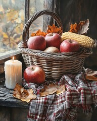 A rustic basket filled with fresh apples and autumn leaves.
