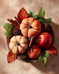 A vibrant bowl filled with pumpkins, apples, and autumn leaves.