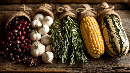 Colorful assortment of fresh vegetables and herbs on rustic wood.