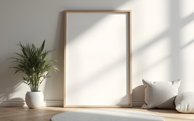 Frame mockup, ISO A paper size. Living room wall poster mockup. Interior mockup with house background. Modern interior design. 3D render. High quality