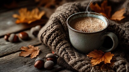 Cozy coffee cup surrounded by autumn leaves and warm textures.