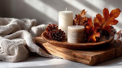 Cozy autumn scene with candles and natural decor elements.