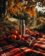 Cozy picnic scene with fruits and tea in autumn foliage.