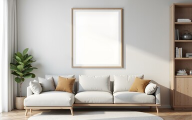 Frame mockup, ISO A paper size. Living room wall poster mockup. Interior mockup with house background. Modern interior design. 3D render. High quality