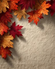 Vibrant autumn leaves arranged on a textured background.