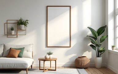 Frame mockup, ISO A paper size. Living room wall poster mockup. Interior mockup with house background. Modern interior design. 3D render. High quality