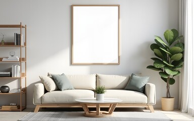 Frame mockup, ISO A paper size. Living room wall poster mockup. Interior mockup with house background. Modern interior design. 3D render. High quality