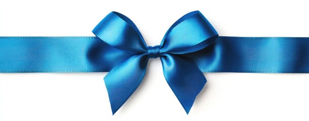 A vibrant blue ribbon bow, horizontally positioned on a white background