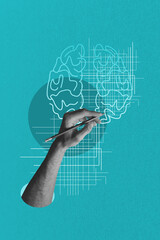 Vertical sketch 3d collage poster of hand hold pencil draw futuristic cyber brain icon artificial...