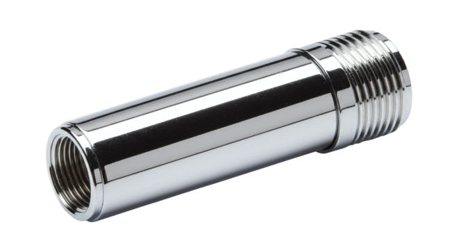 Chrome metal pipe fitting connector for plumbing installations isolated on a transparent background