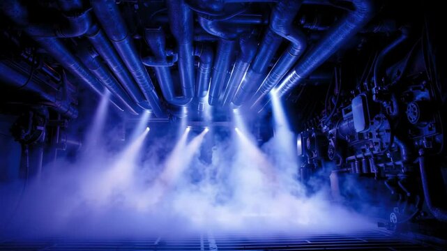 An artistic depiction of the engines cooling system with streams of liquid flowing through pipes and radiators set against the backdrop of the humming machinery emphasizing the interplay