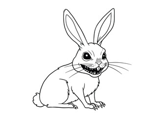Obraz premium Scary rabbit drawing. It is a black and white outline image of a scary rabbit, a menacing creature with sharp teeth and an evil, frightening expression. Vector sketch line art draw.