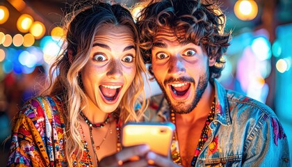 Young couple excitedly looking at a smartphone with bright, colorful lights in a lively outdoor setting at night