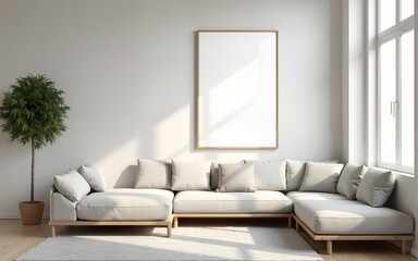 Poster mockup in a modern living room interior. Frame mockup with ISO A paper size. 3D illustration. High quality