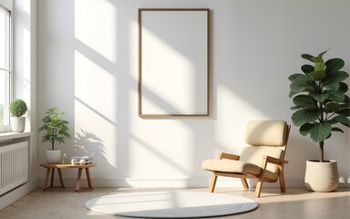 Frame mockup, ISO A paper size. Living room wall poster mockup. Interior mockup with house background. Modern interior design. 3D render. High quality