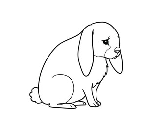 Sad bunny drawing. It is a black and white outline image of a sad bunny, a cute rabbit with a drooping expression, conveying unhappiness. Vector sketch line art draw.
